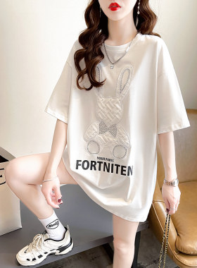 纯棉白色短袖t恤女2025夏季新款宽松大码中长款包臀半袖体恤上衣