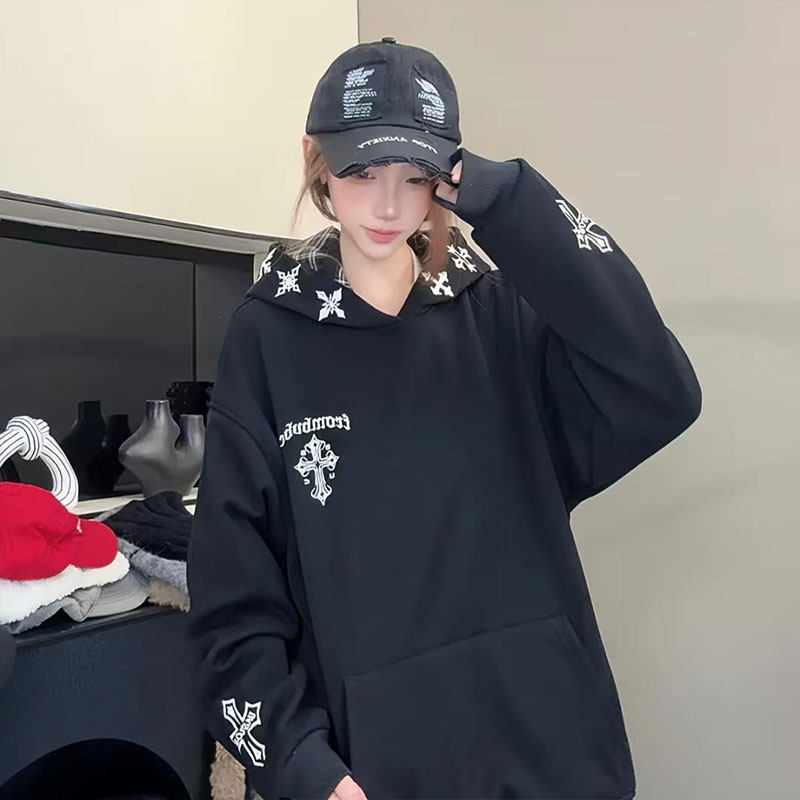 美式*十字架刺绣连帽卫衣女秋冬新款街头格子拼接情侣宽松外套,女装/女士精品,卫衣/绒衫,淘宝优惠券,粉丝福利购,淘宝优惠卷