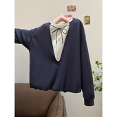 春秋季 特大码 300斤独特超好看假两件卫衣女2025新款 胖MM撞色上衣