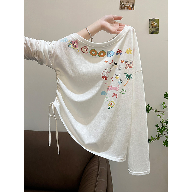 今年流行爆款抽褶斜肩露肩长袖t恤女2025新款春秋季巨好看的上衣