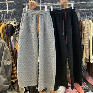 显瘦直筒撞色弯刀裤 女秋冬季 240斤菱格加厚休闲阔腿长裤 胖MM大码