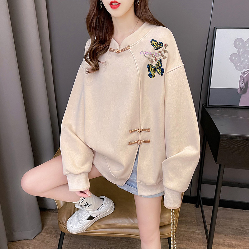 棉质长袖蝴蝶刺绣花宽松T恤