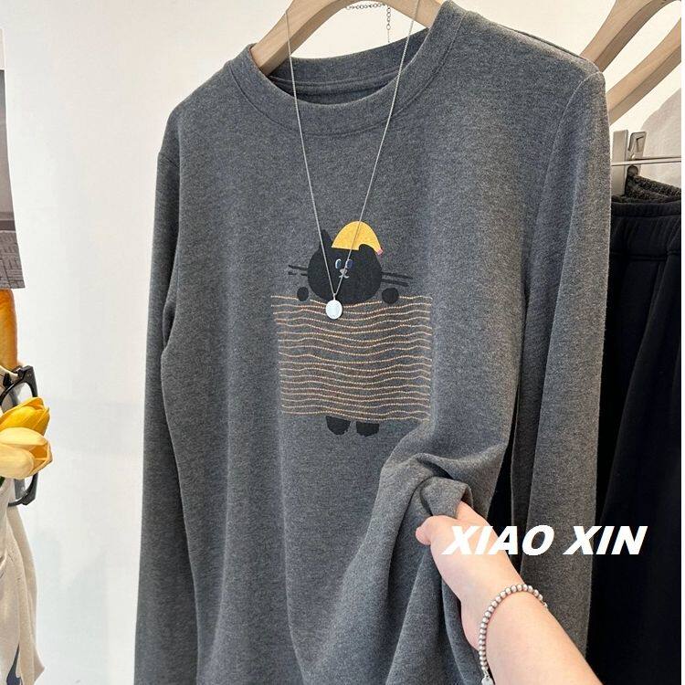 德绒磨毛长袖睡衣女秋冬季加绒保暖可外穿宽松t恤单件上衣家居服