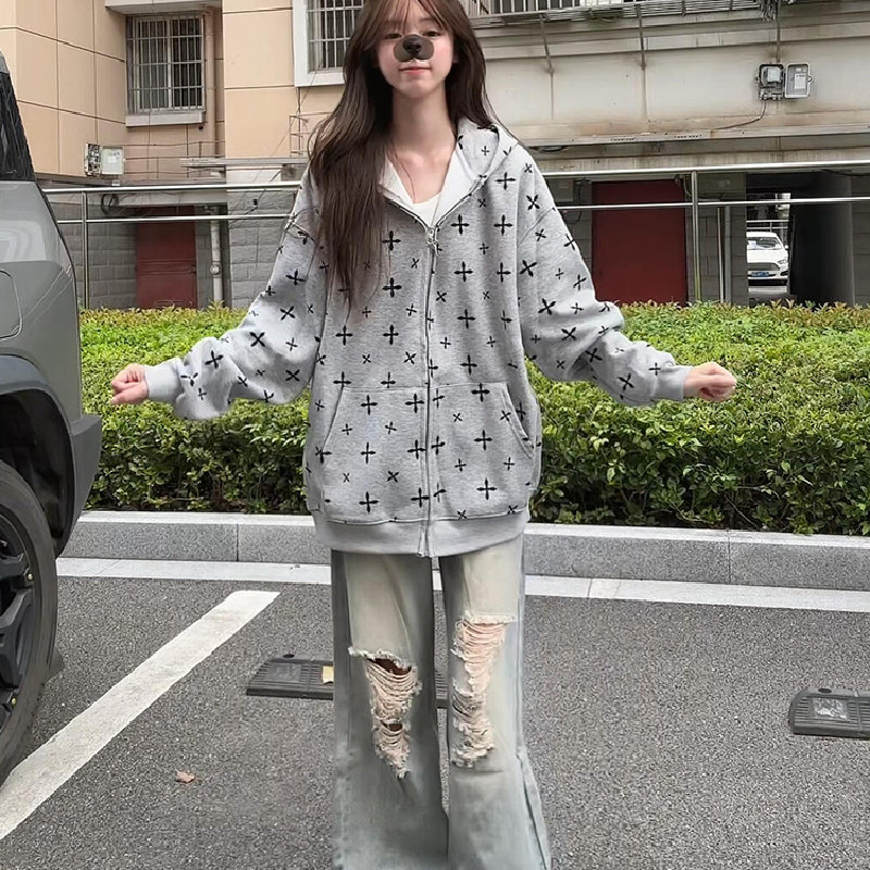 星星印花立领卫衣女秋冬季加绒加厚小众设计感开衫拉链外套上衣潮