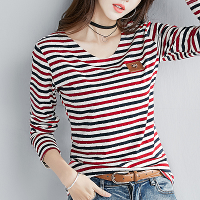 长袖t恤女士春秋季ins条纹百搭