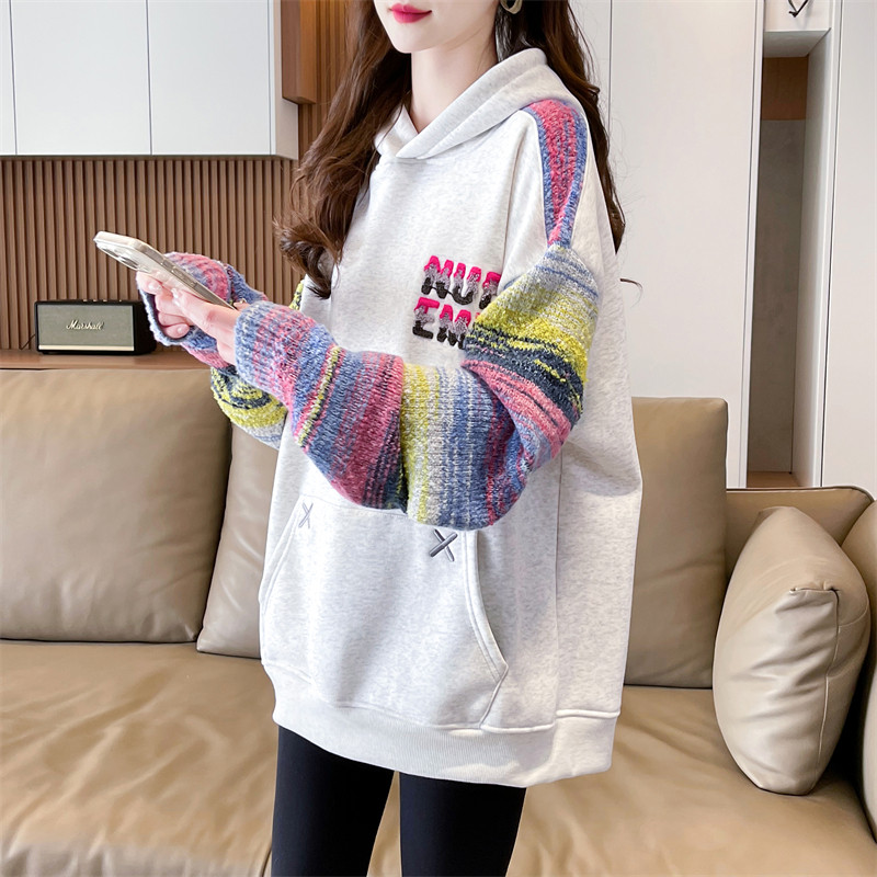 毛衣拼接连帽卫衣女秋冬2025新款大码宽松设计感小众加绒加厚外套