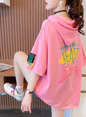 网红ins超火cec连帽薄款卫衣短袖T恤女夏新款学生带帽子宽松上衣