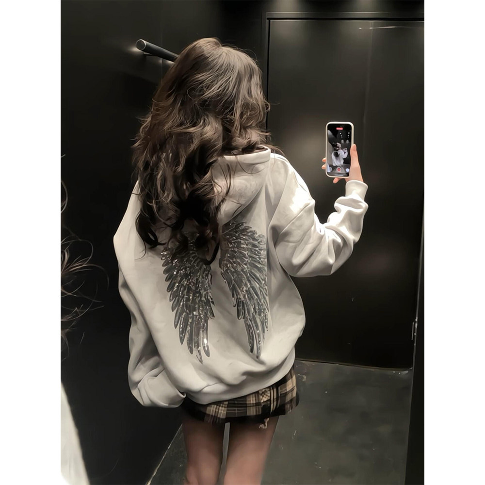 国潮牌天使翅膀亮片连帽卫衣女秋冬加绒加厚宽松休闲开衫短款外套,女装/女士精品,卫衣/绒衫,淘宝优惠券,粉丝福利购,淘宝优惠卷