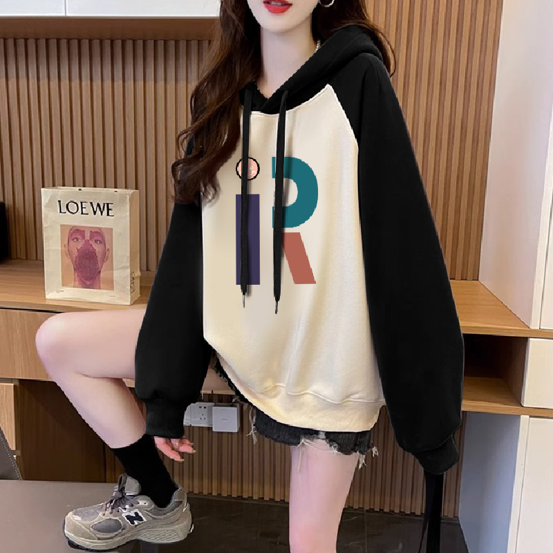 插肩撞色美式连帽卫衣女秋冬加绒加厚大码胖mm爆款巨好看欧货上衣
