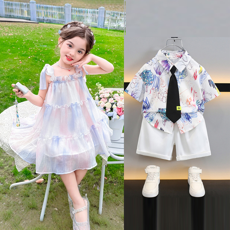 兄妹装爆款2025新款洋气姐弟套装龙凤胎兄妹同款衣服夏天一男一女