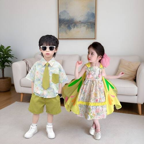 龙凤胎夏款碎花儿童裙装套装洋气