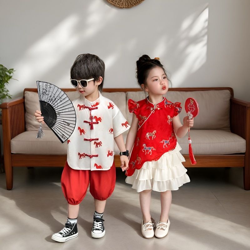儿童新中式龙凤胎旗袍套装兄妹装