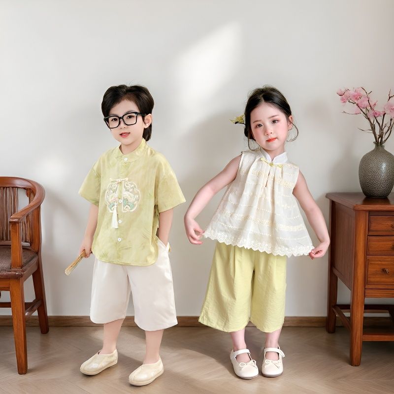 高端新中式龙凤胎儿童汉服套装夏