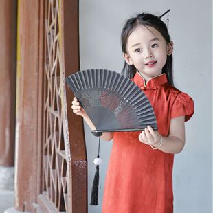 女童红色花苞袖拼接旗袍裙夏装新款公主裙宝宝周岁礼服裙抓周旗袍