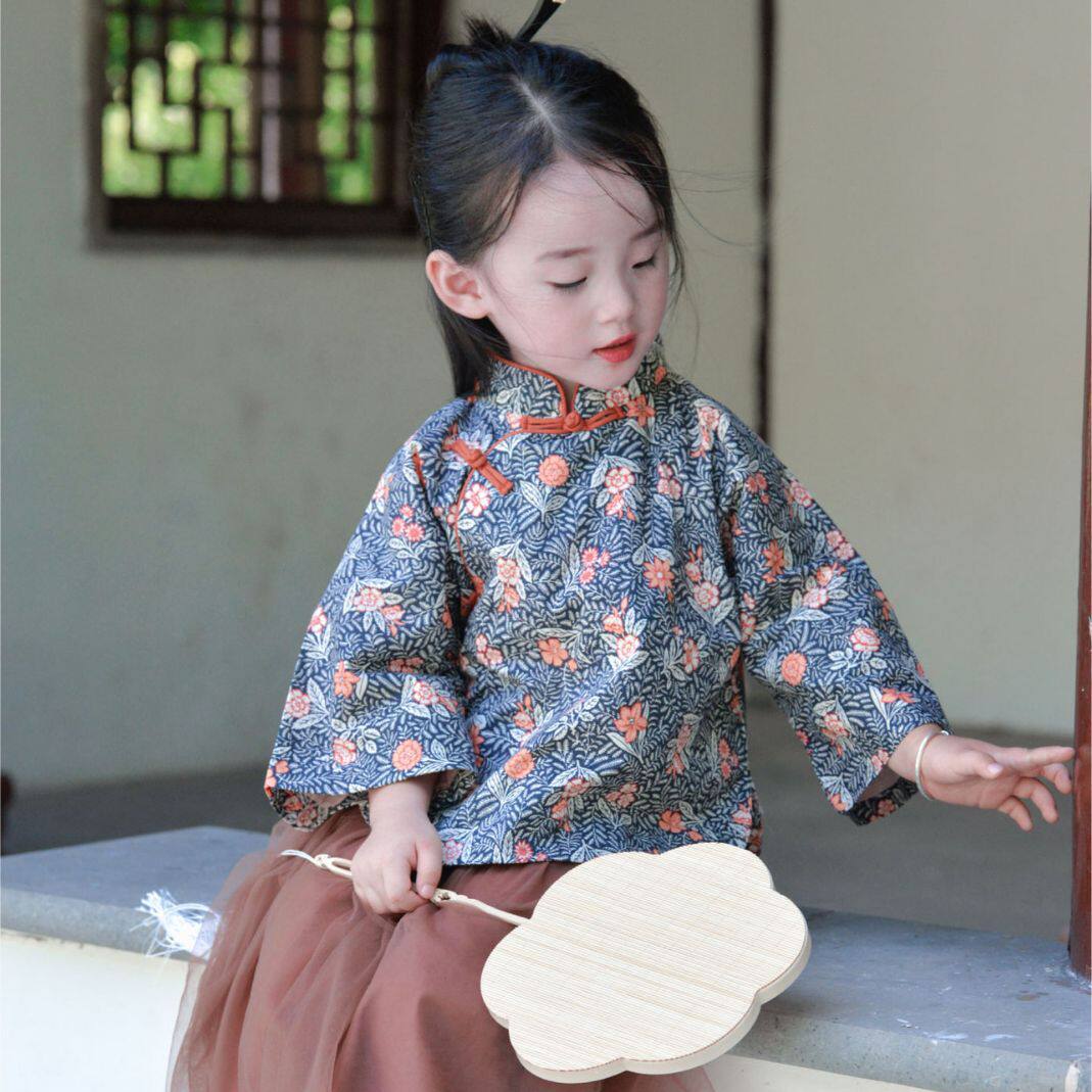 2026春秋装新款女童倒大袖上衣旗袍宝宝中国风改良旗袍纱纱裙套装