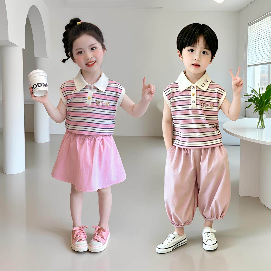 龙凤胎兄妹姐弟夏装条纹polo套装