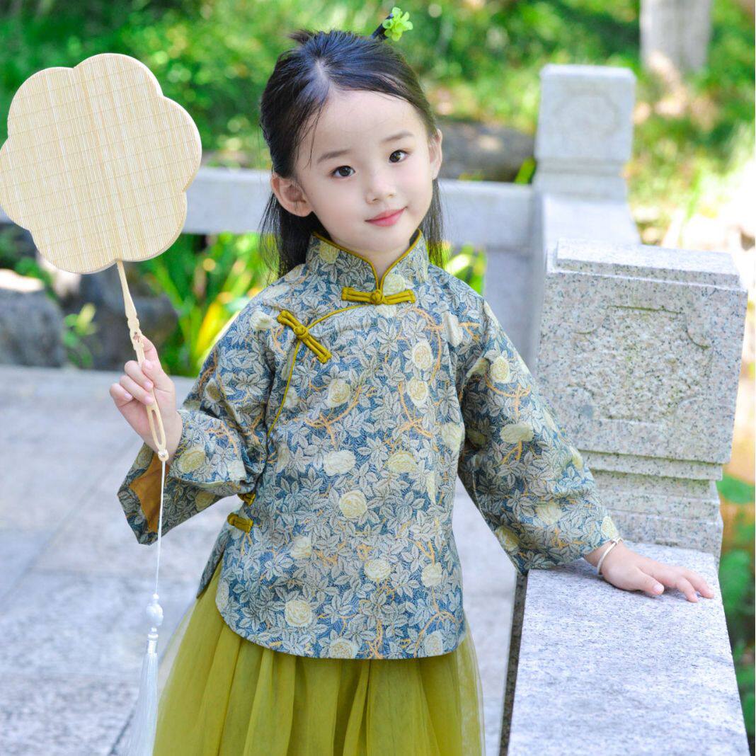 女童绿色倒大袖改良旗袍上衣2026春秋新款公主纱纱裙儿童裙子