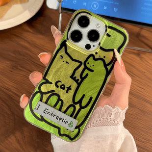 pura70荣耀vivo红米k50no一加opporeno12 黄绿线条猫苹果手机壳16promax小米15情侣iphone14华为mate60pro新款