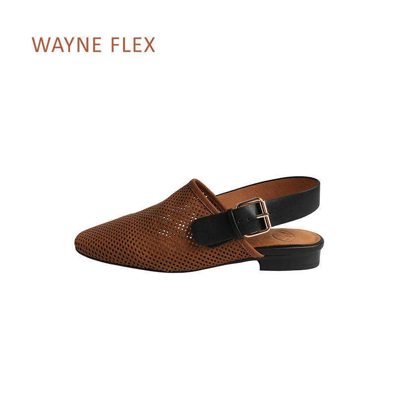 WAYNE FLEX真皮牛皮深口圆头平底个性设计夏季透气女包头拖鞋凉鞋