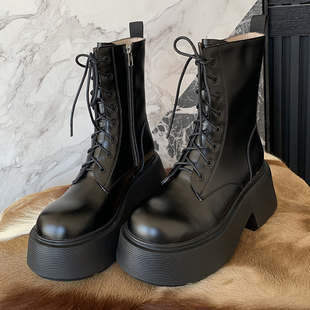 松糕跟短靴新款 矮靴 厚底靴子女真皮马丁靴粗跟短筒机车靴系带四季