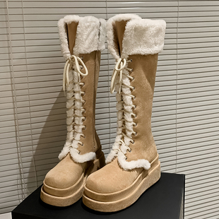 马丁靴加厚绒大棉女鞋 冬季 雪地靴厚底保暖高靴松糕跟长筒靴子绑带