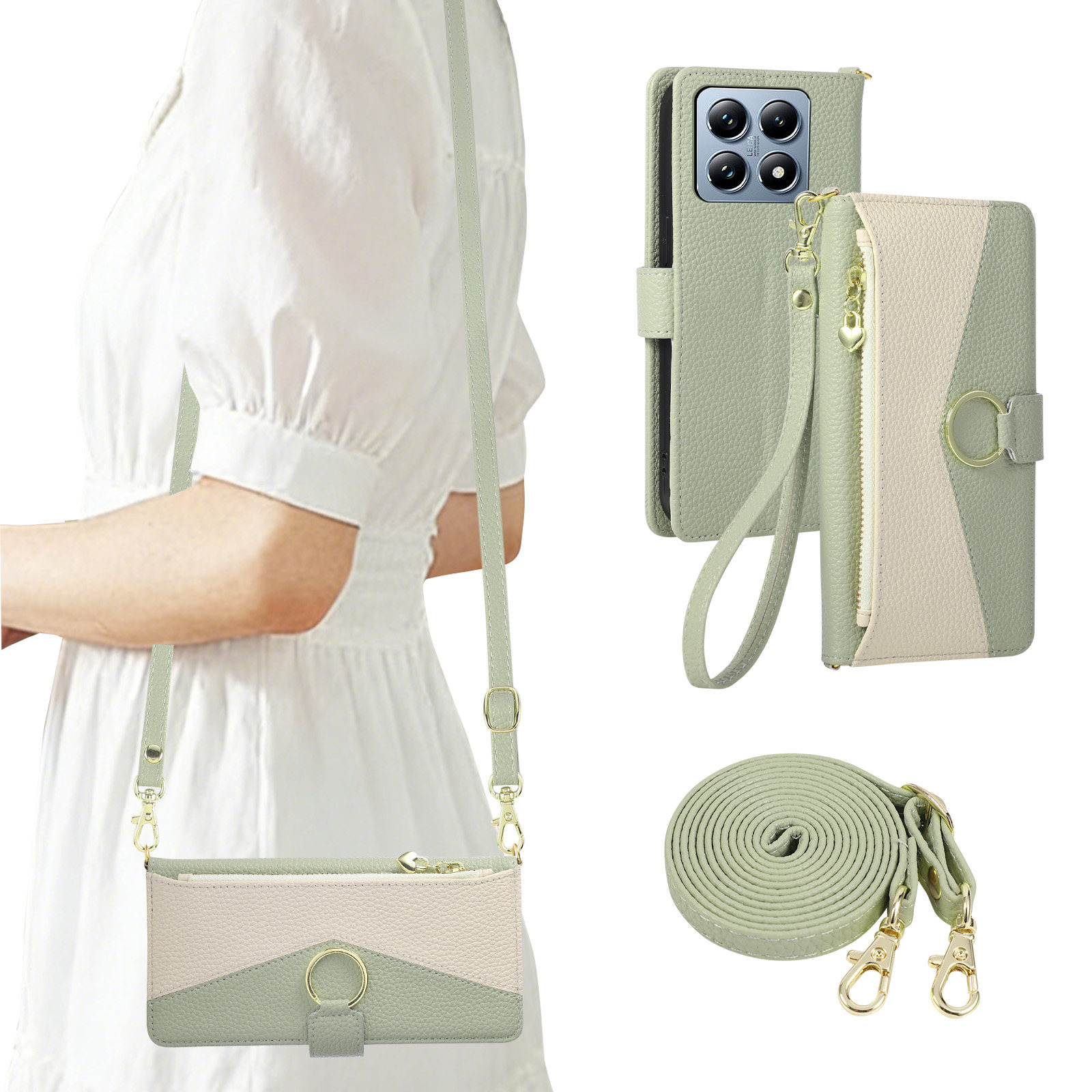 三角形拼接拉链包适用小米11T手机壳xiaomi14TPRO保护防摔软边保护套mi11Lite斜挎挂绳米13时尚拼色翻盖皮套