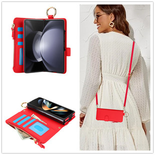 适用三星fold4手机壳w23折叠屏zfold5新款w24保护套flod3翻盖式w22心系天下Z多功能拉链包zfold5斜挎背喜庆红