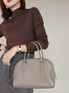 Bounded有界 india仿鹿皮头层牛皮保龄球包纯色真皮通勤波士顿包