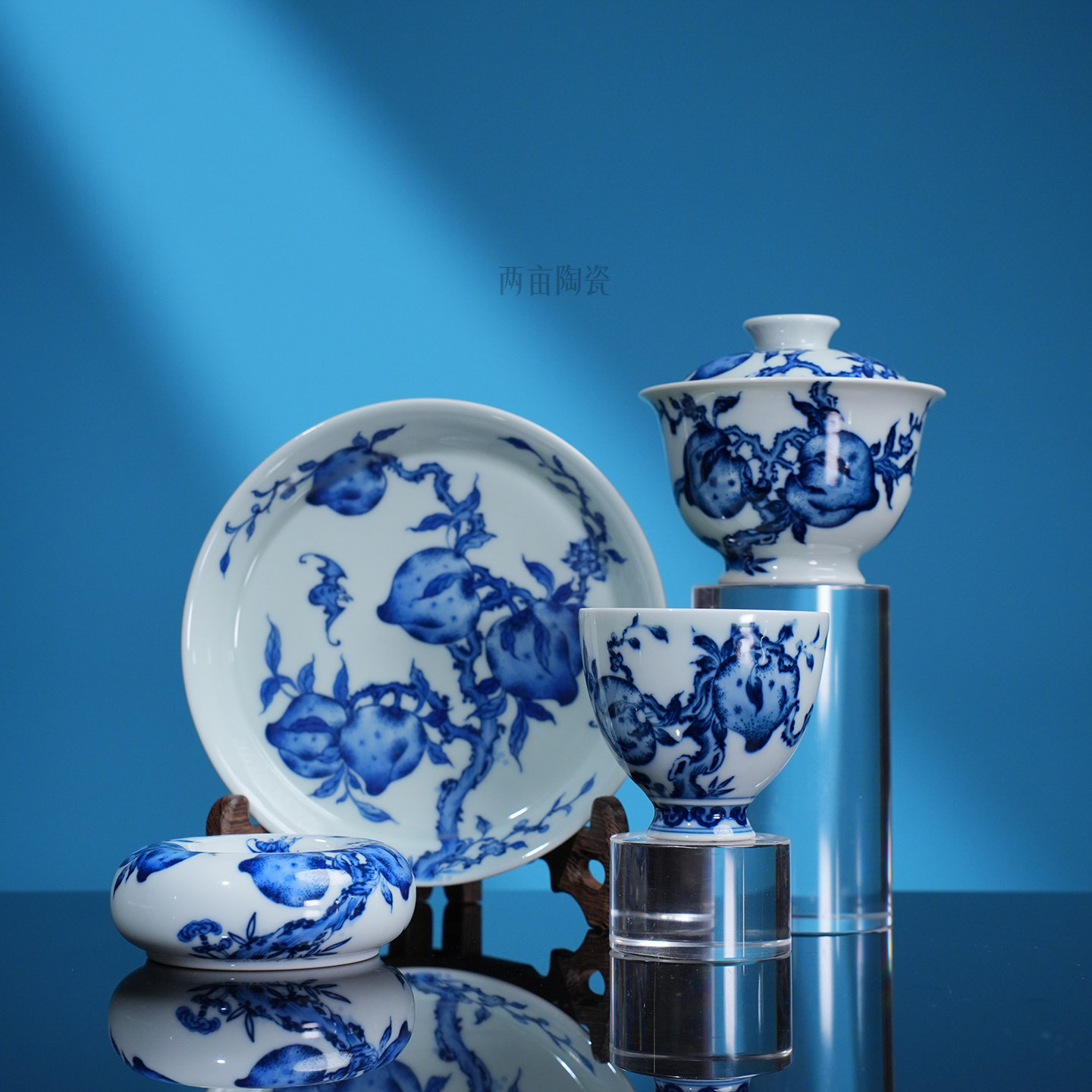 钟家窑柴窑点工寿桃系列茶器 景德镇手工手绘青花陶瓷中式茶具