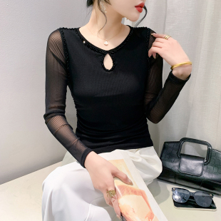 欧货性感镂空钉珠上衣洋气百搭打底衫 网纱长袖 T恤女2025秋冬新款