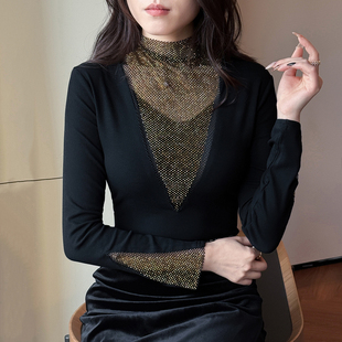 加绒高领打底衫女秋冬欧货设计感烫钻上衣洋气内搭磨毛长袖t恤潮