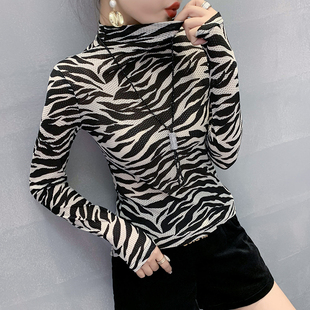 斑马纹T恤长袖 欧货时尚 内搭洋气上衣 女2025秋冬新款 半高领打底衫