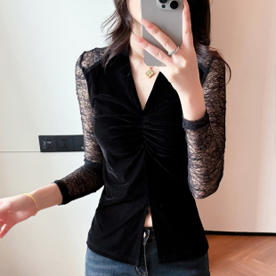气质V领T恤女长袖 女秋冬 欧货性感蕾丝拼接上衣洋气内搭丝绒打底衫