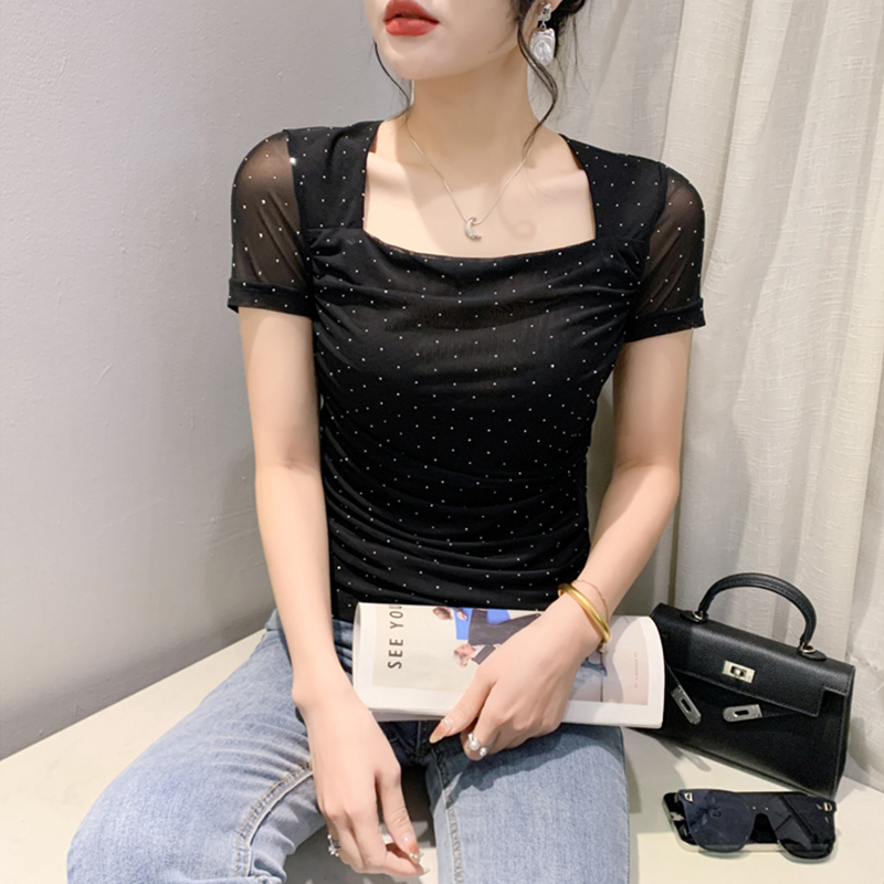 性感网纱T恤女短袖夏装欧货设计感重工烫钻上衣修身显瘦洋气小衫
