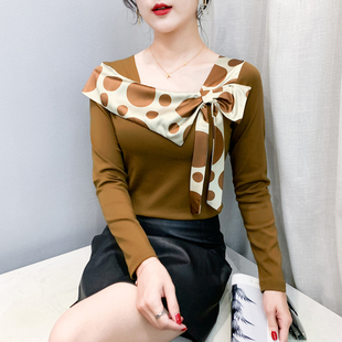 显瘦打底衫 欧货洋气设计感蝴蝶结上衣修身 秋冬 方领T恤女长袖 时尚