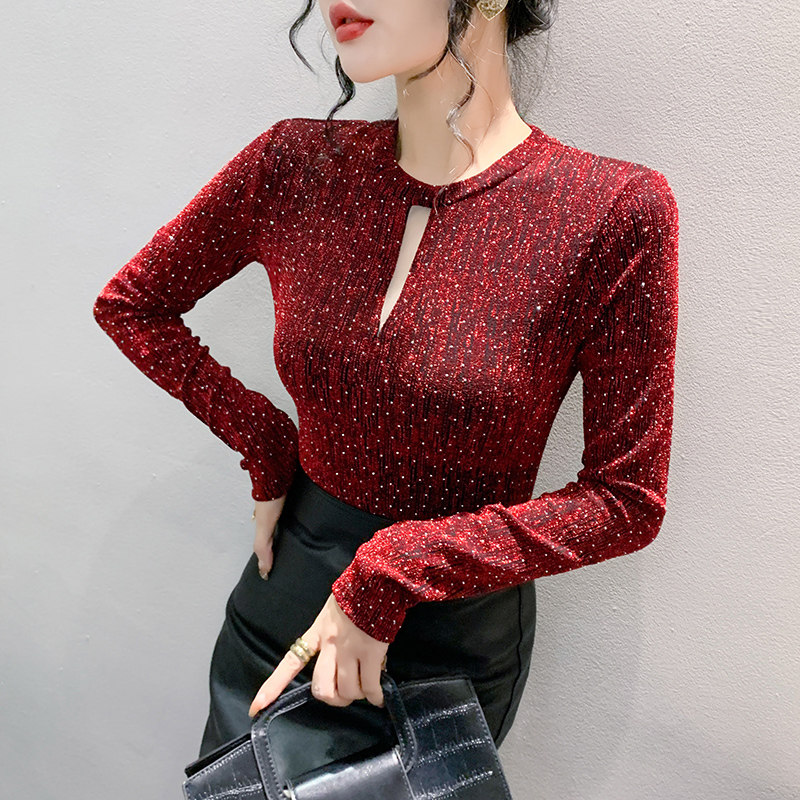 2025秋装新款性感镂空T恤女长袖欧货时尚烫钻洋气上衣修身打底衫,女装/女士精品,T恤,淘宝优惠券,粉丝福利购,淘宝优惠卷