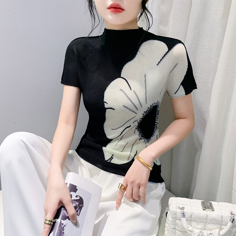 欧货小衫女2025夏装新款时尚洋气大花朵印花上衣半高领短袖t恤潮