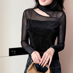 t恤 洋气内搭长袖 高领打底衫 女秋冬欧货性感镂空网纱烫钻上衣修身