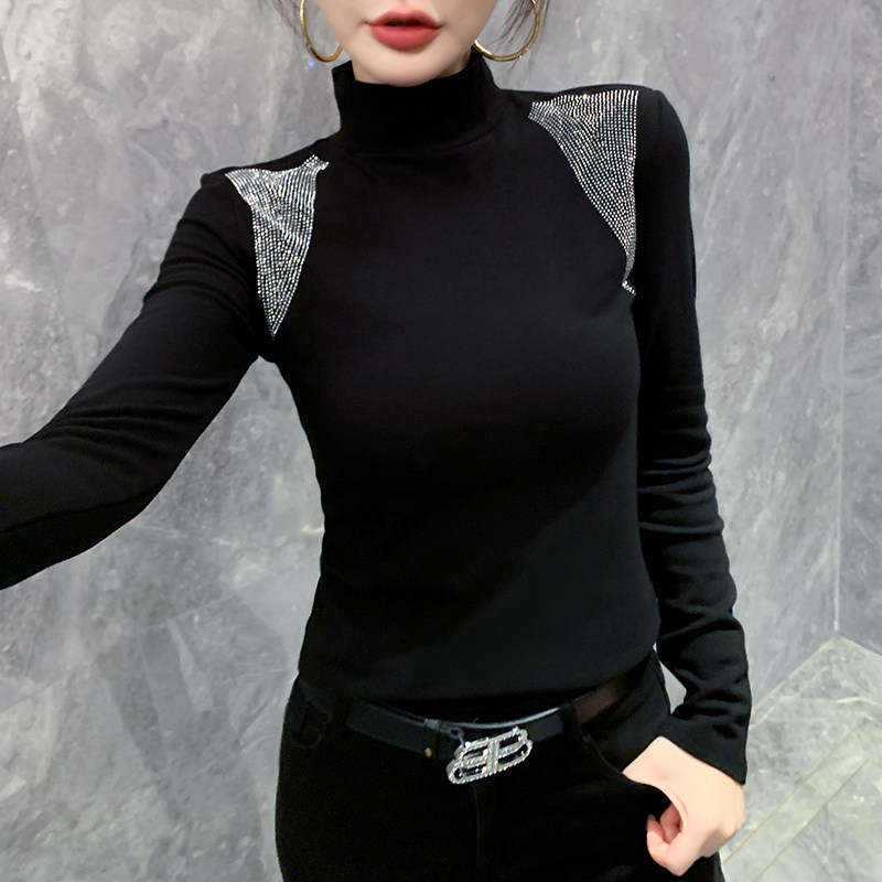 高领打底衫女2025秋冬新款欧货重工烫钻长袖T恤紧身内搭洋气上衣,女装/女士精品,T恤,淘宝优惠券,粉丝福利购,淘宝优惠卷