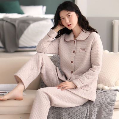 空气棉睡衣女士春秋季加厚纯棉长袖大码家居服秋冬季夹层夹棉保暖