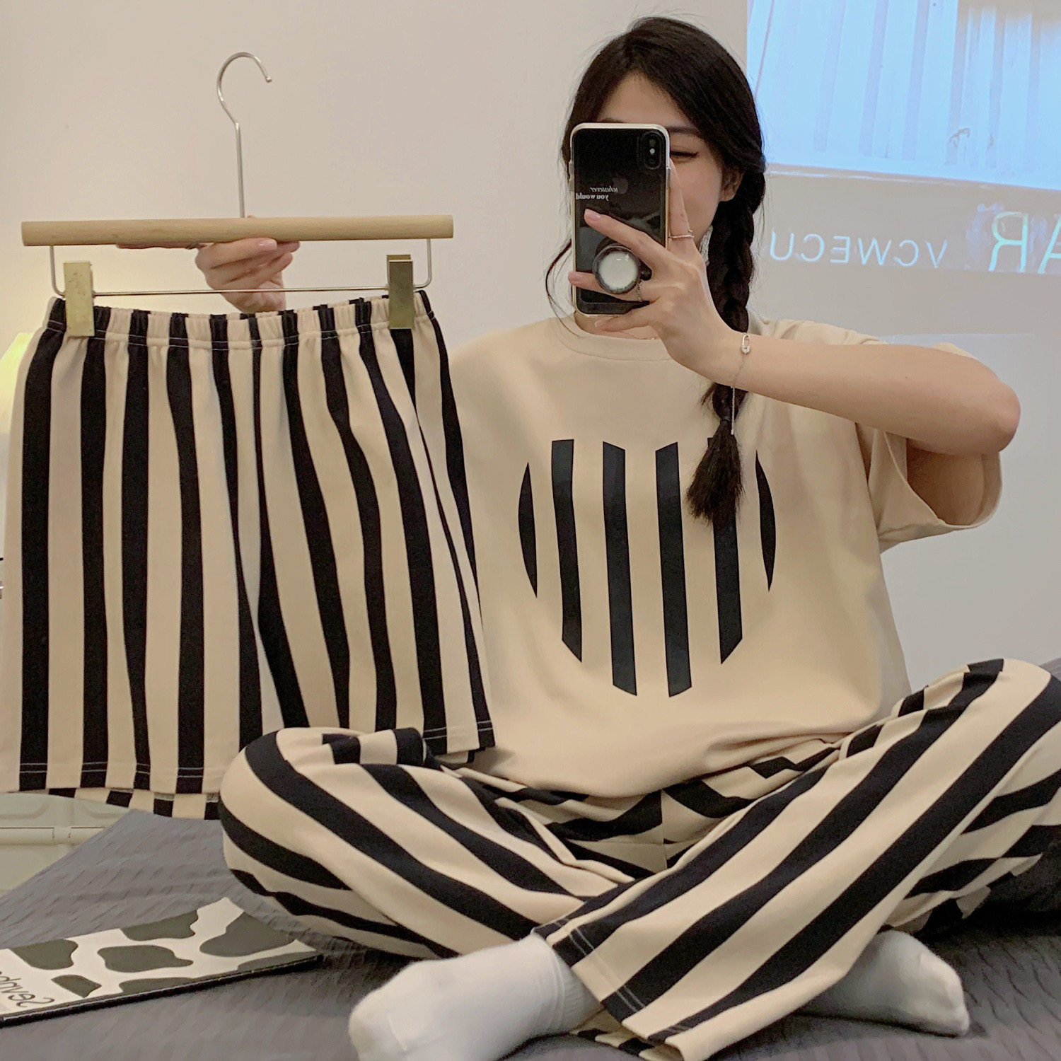 睡衣女生夏季纯棉三件套短袖短裤长裤薄款可外穿春秋网红风家居服