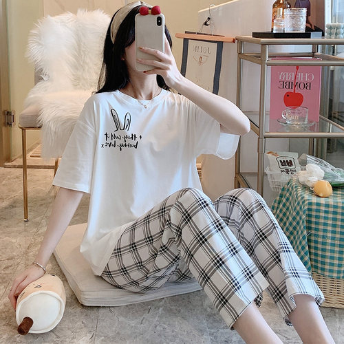 100%纯棉睡衣女夏季套头短袖长裤