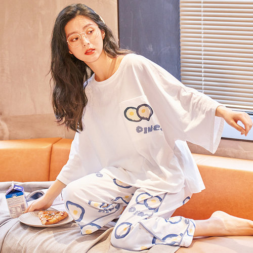 100%纯棉睡衣女夏季套头短袖长裤
