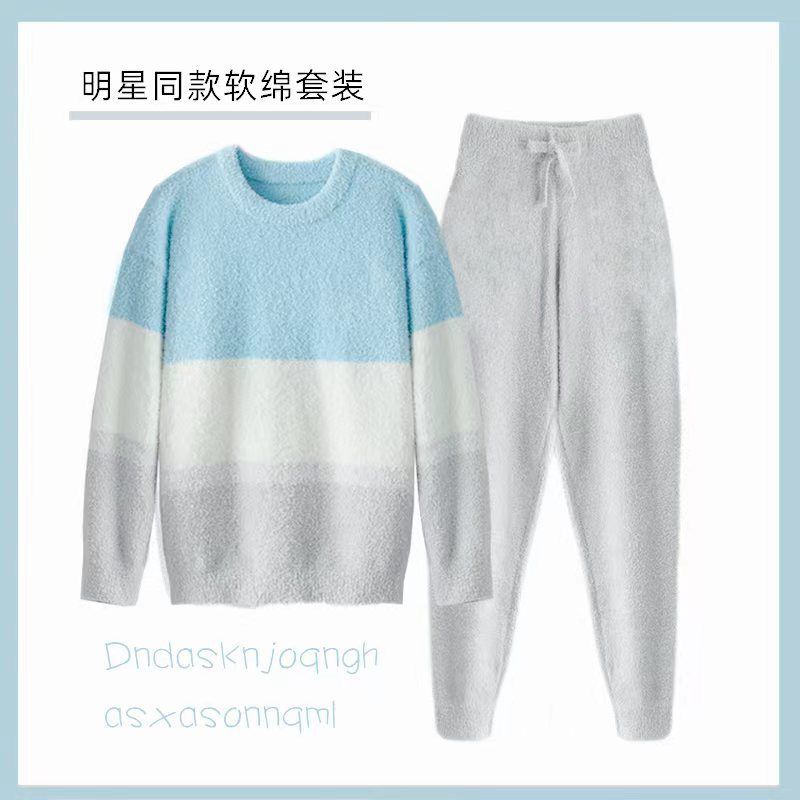 半边绒睡衣男冬可外穿女家居服珊瑚绒加厚加绒保暖情侣居家秋套装