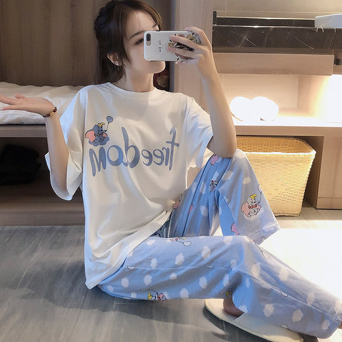 100%全棉睡衣女夏纯棉休闲短袖长裤可外穿大码韩月子服家居服套装