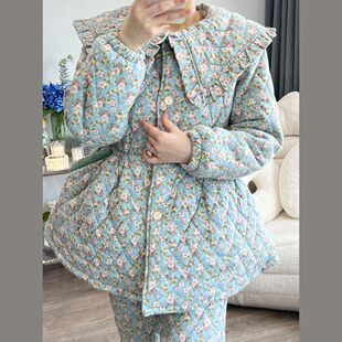 纯棉三层夹棉睡衣女秋冬季韩版加绒珊瑚绒加厚家居服公主风