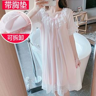 莫代尔人棉蕾丝宫廷甜美公主风睡衣裙长款 带胸垫睡裙女夏季 可外穿