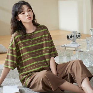 纯棉睡衣女夏全棉短袖 家居服套装 长裤 春夏季 可外穿大码 2025年新款