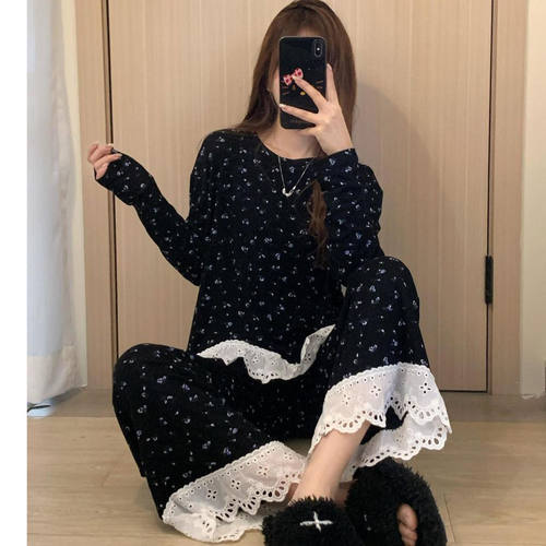 100%纯棉网红新款睡衣女春秋季长袖大码全棉家居服套装夏ins风冬