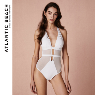 AtlanticBeachV胸裁剪拼纱连体复古性感泳衣女士高级感露背游泳装